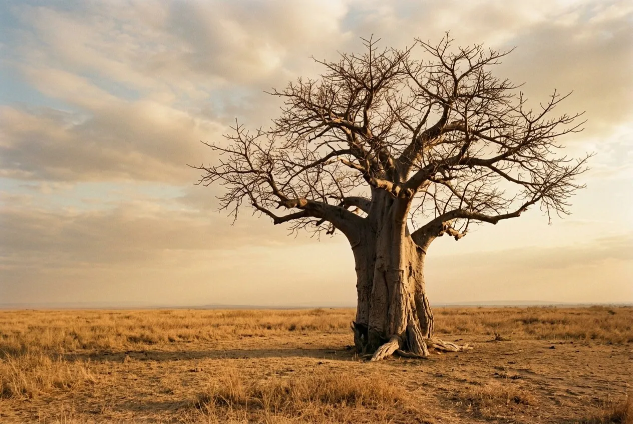 Einzelner Baobab in der Savanne im Abendlicht
