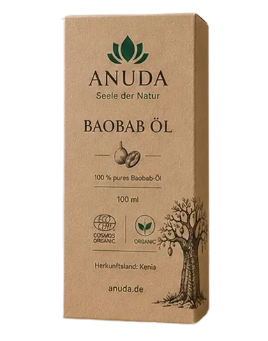 ANUDA Baobab-Öl — Vorderseite der Faltschachtel