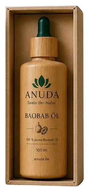 ANUDA Baobab-Öl — Schatulle geöffnet, mit Flasche