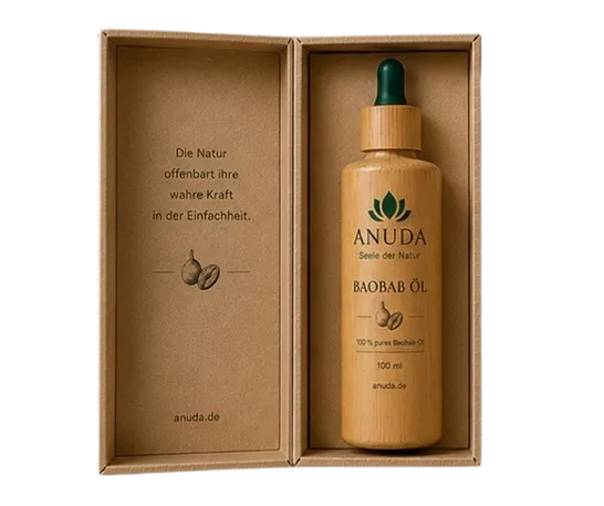 ANUDA Baobab-Öl — geöffnete Schatulle mit Flasche und Pipette