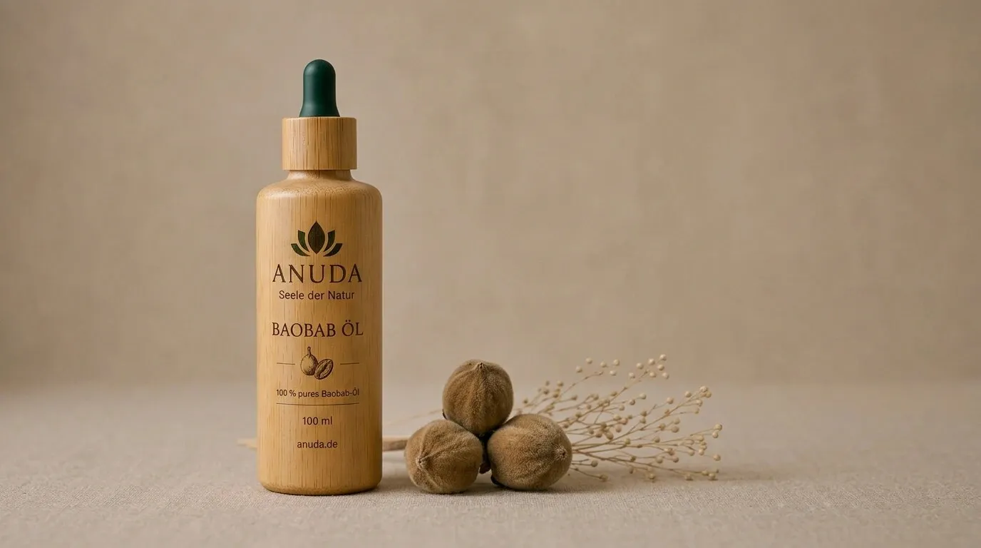 ANUDA Baobab-Öl — Flasche mit Pipette neben getrockneten Baobab-Früchten