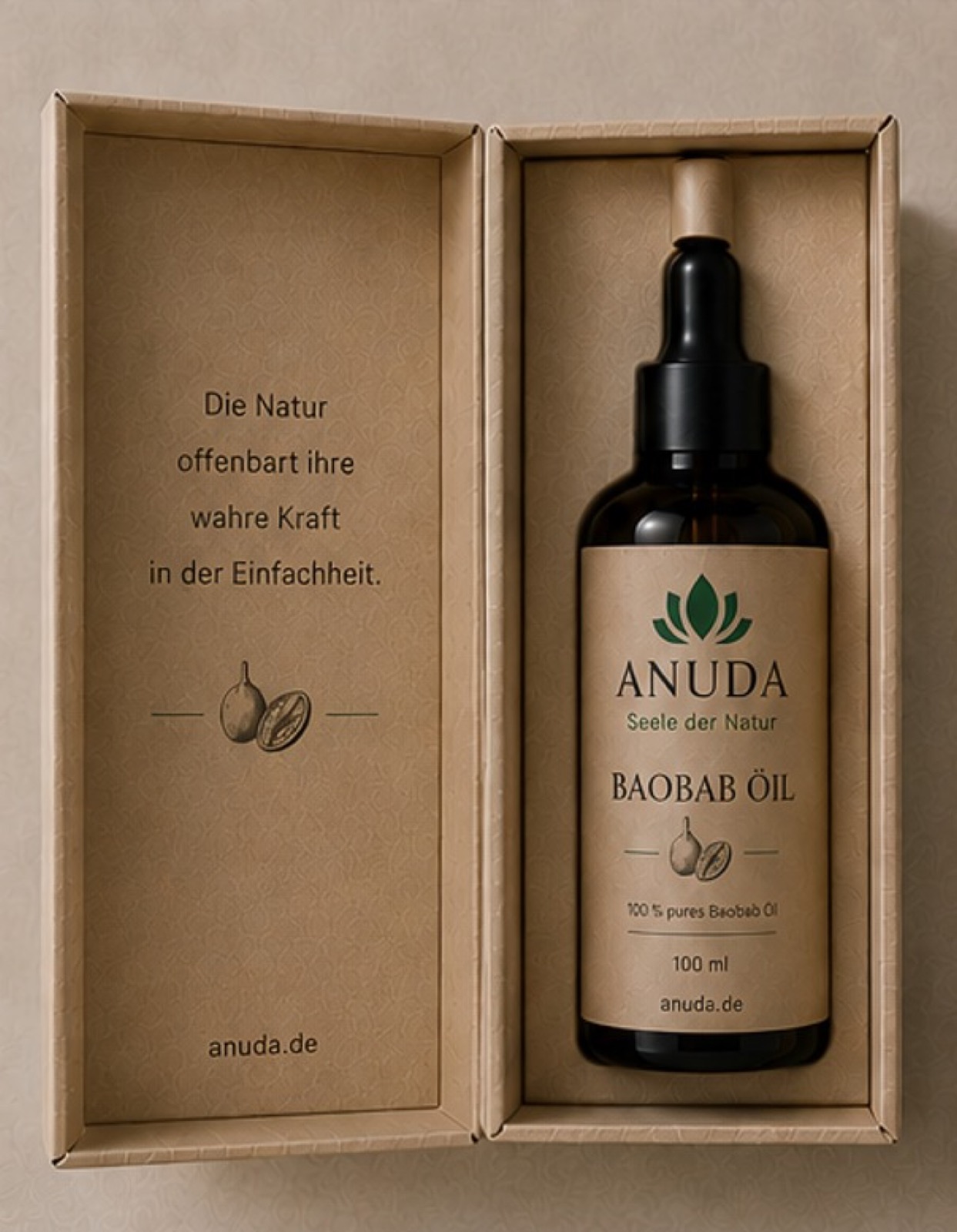 ANUDA Baobab-Öl — Braunglasflasche mit Pipette in einer Naturkarton-Schatulle
